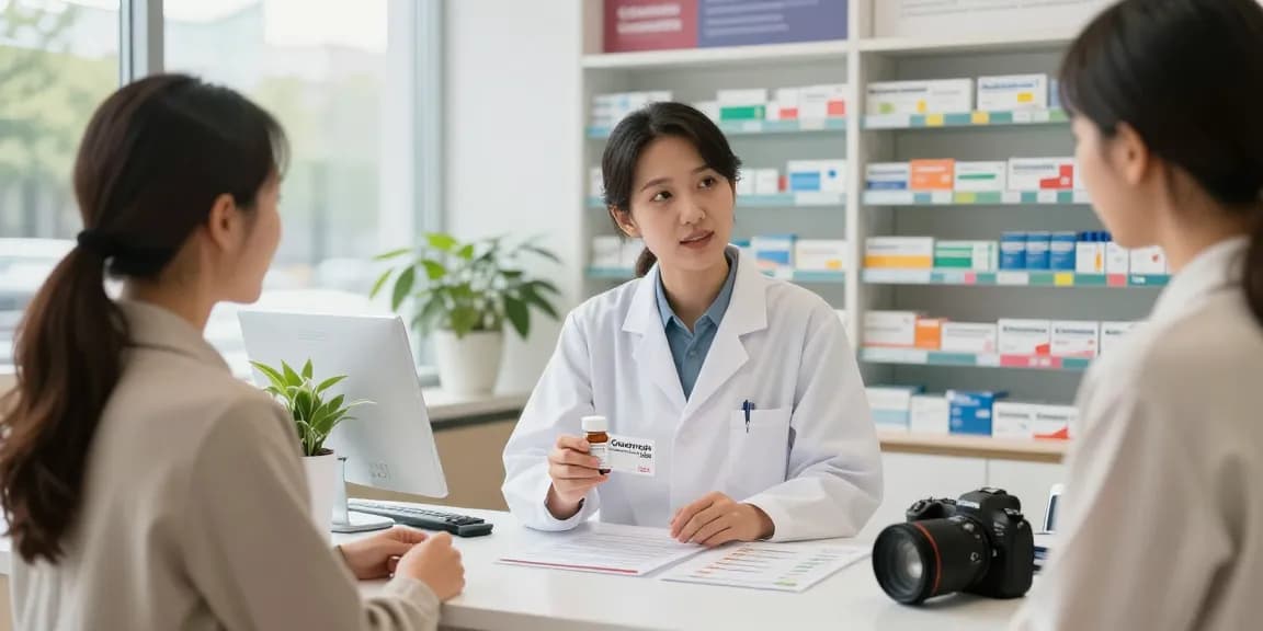 Consultation about genotropin growth hormone in a modern pharmacy setting.