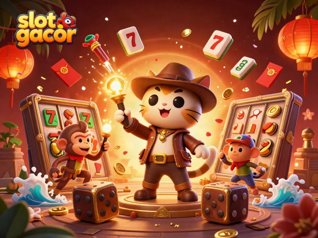 Experience an exhilarating slot gacor adventure with a dynamic 3D scene featuring an explorer cat and a monkey companion.