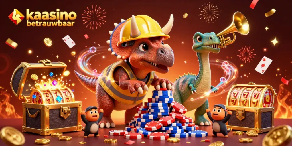 Kaasino betrouwbaar shows a lively, vibrant 3D scene of casino characters amidst poker chips and glowing slot machines.