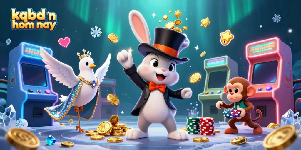 KQBD hn hom nay scene with a magician rabbit, a dove, and a monkey amidst sparkling casino elements.