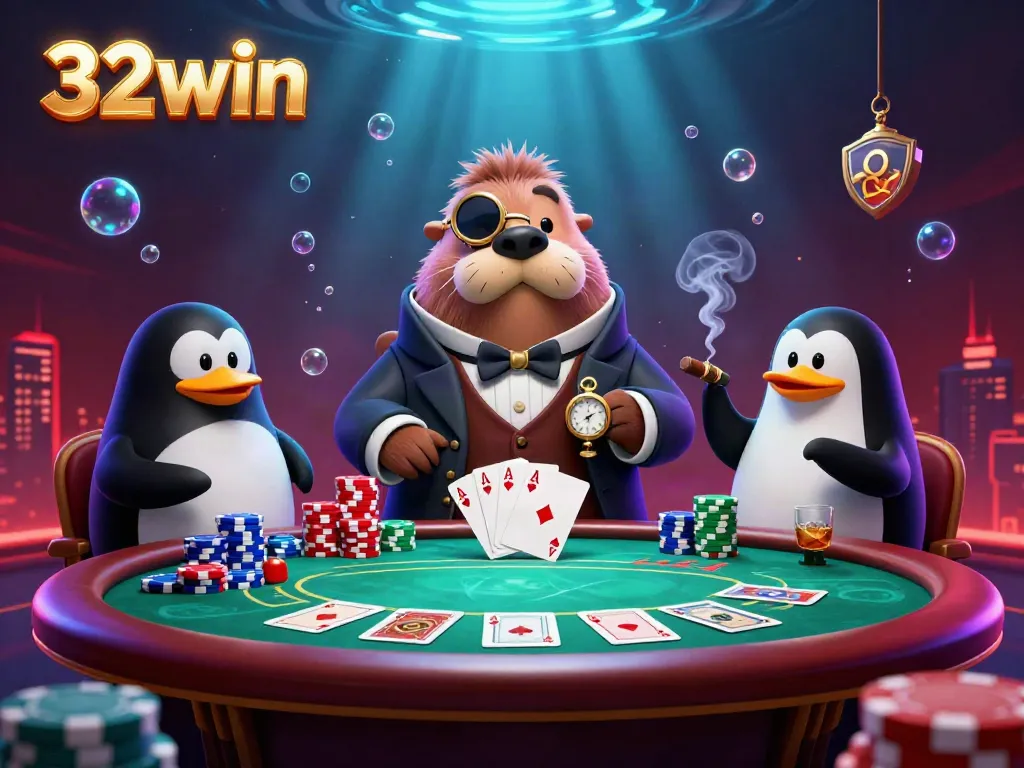Engage with thrilling poker action at 32win featuring a walrus dealer and unique underwater casino elements.