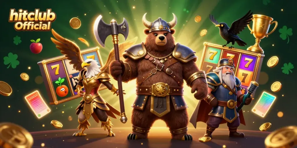 A thrilling illustration of hitclub Official with a Viking bear, Valkyrie eagle, and glowing symbols representing jackpot gaming.
