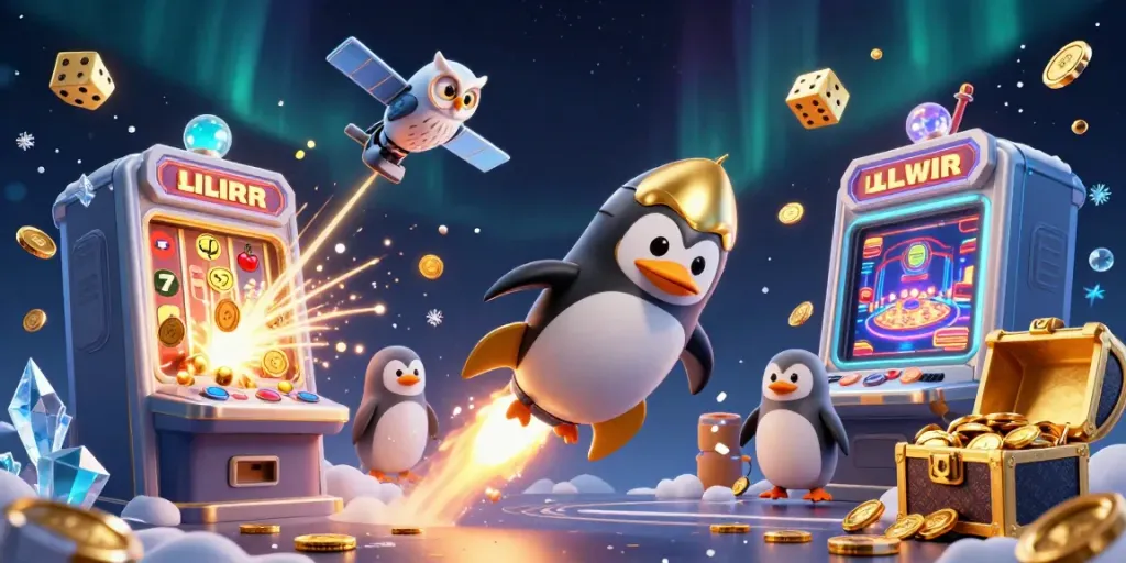 Engage your luck at LLWIN with thrilling casino adventures featuring a golden penguin and poker chip.