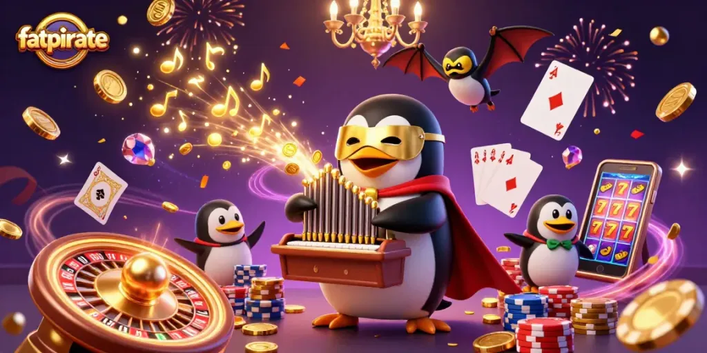 Engage with fatpirate's casino thrills as penguin plays organ while golden coins rain down.