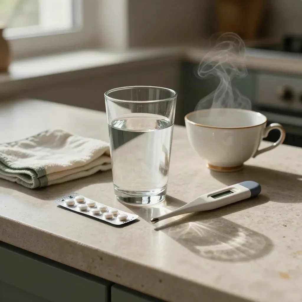 Keukenblad met water, paracetamolstrip, kompresdoek, thermometer en dampende thee bij avondlicht.