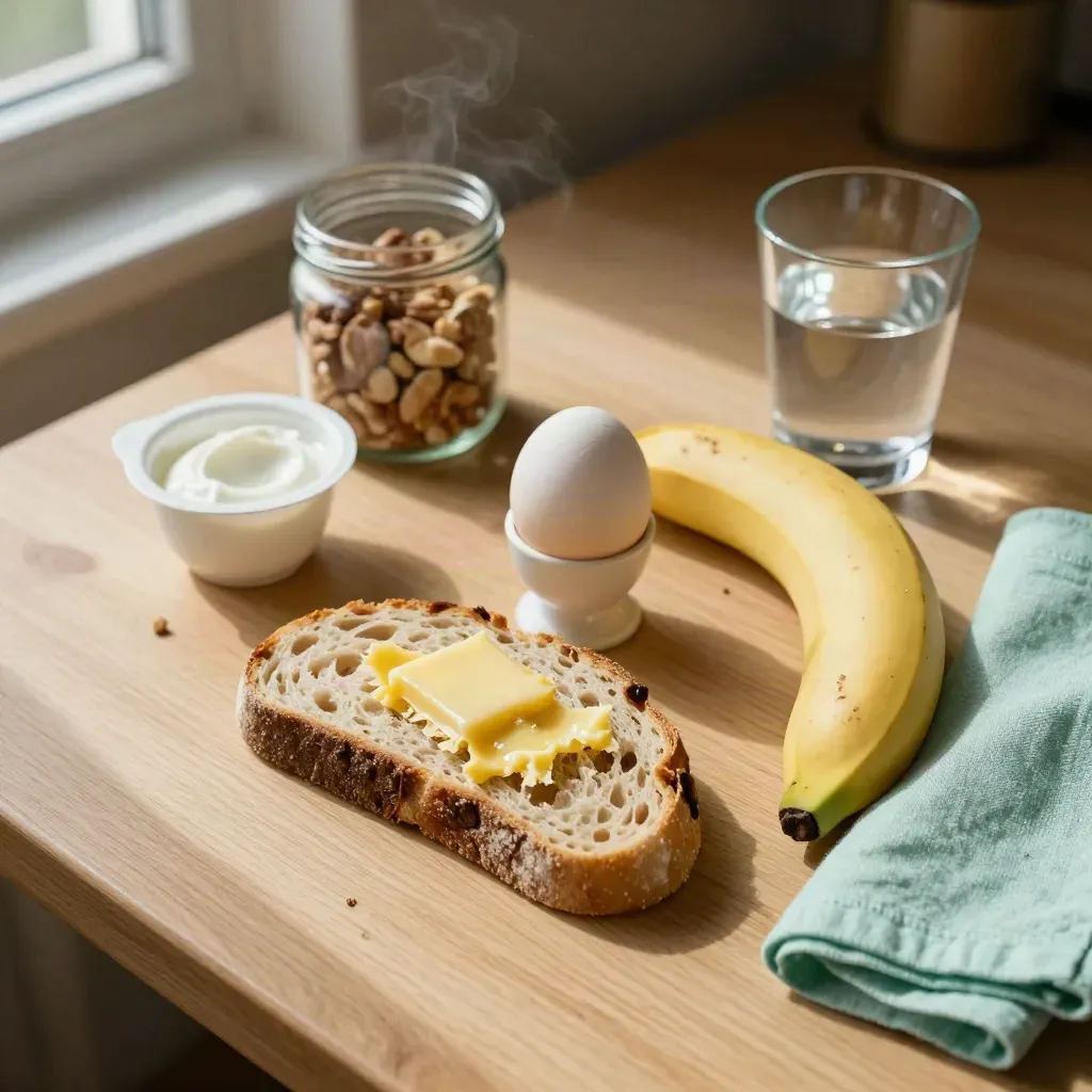 Bovenaanzicht van brood, ei, banaan, yoghurtschaal, notenpot en water op een keukentafel.