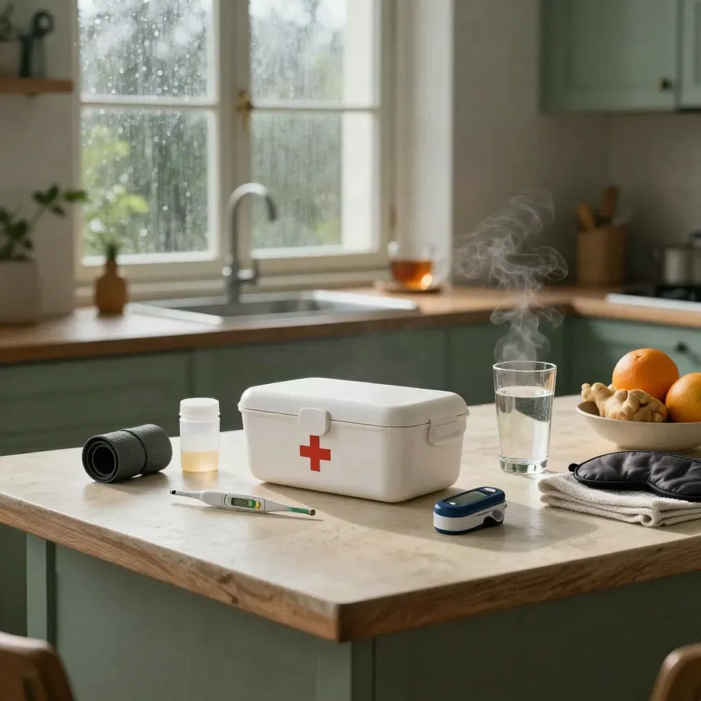 Kitchen-eiland met EHBO-doos, thermometer, waterglas, vitaminepot en fruit in zacht ochtendlicht.