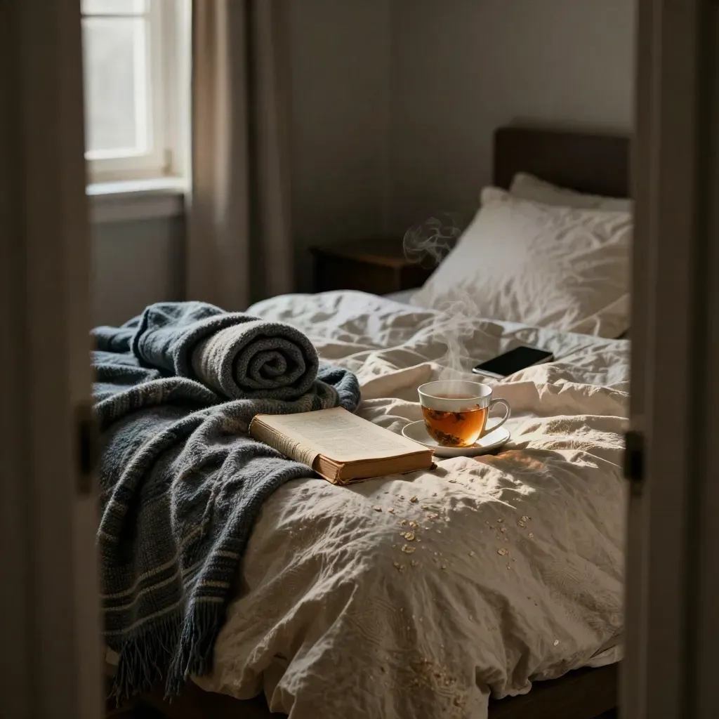 Onopgemaakt bed met thee, boek, telefoon en halfgesloten gordijn in avondlicht.