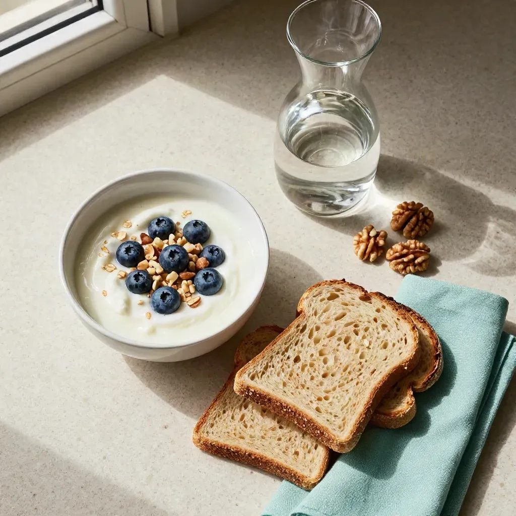 Ontbijt met yoghurt, havermout, bessen, toast en water op travertin