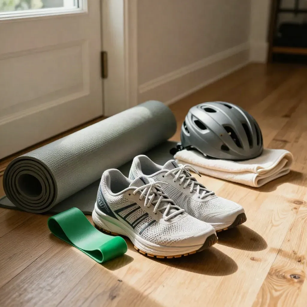Hal met yogamat, hardloopschoenen, band, handdoek en fietshelm voor een beweegronde.