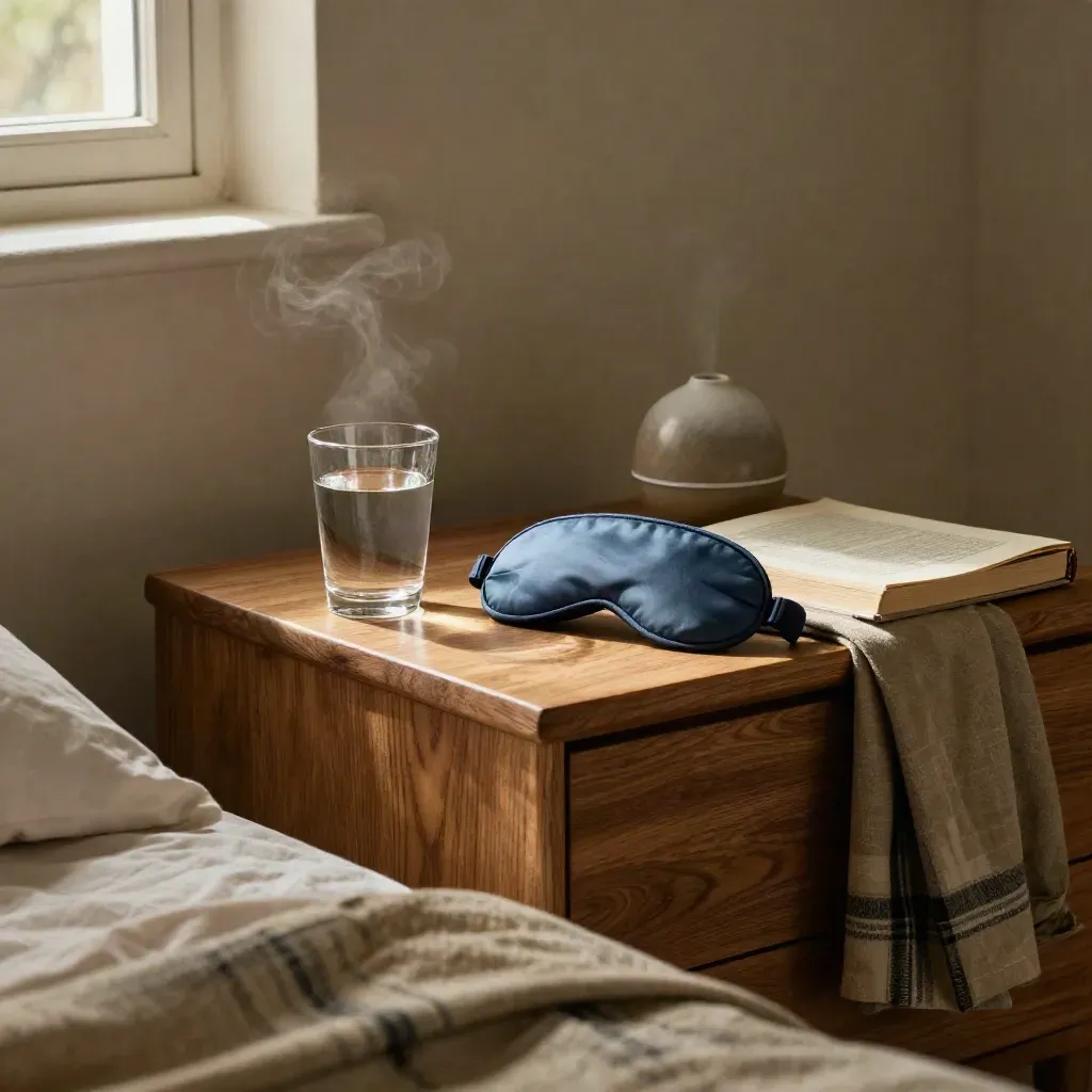 Nachtkastje met slaapmasker, water, boek, diffuser en plaid in zachte avondrust.