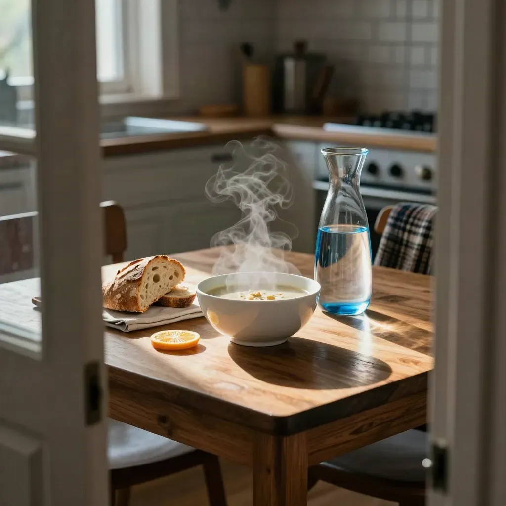 Ochtendtafel met dampende soep, waterkan, brood, citrus en plaid in warm zonlicht.