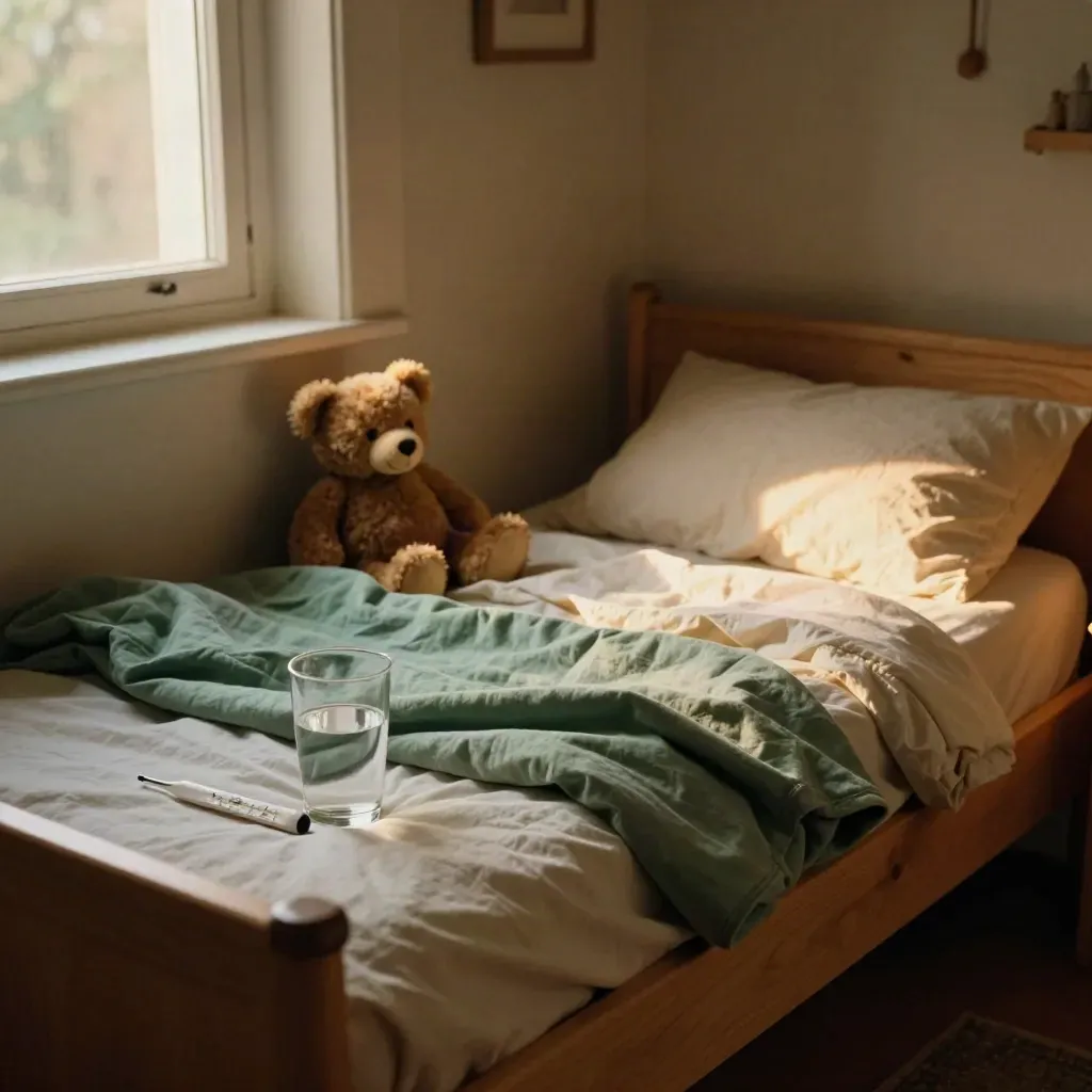 Kinderkamer bij avond met thermometer, waterglas, knuffel en opgevouwen dekentje naast het bed.