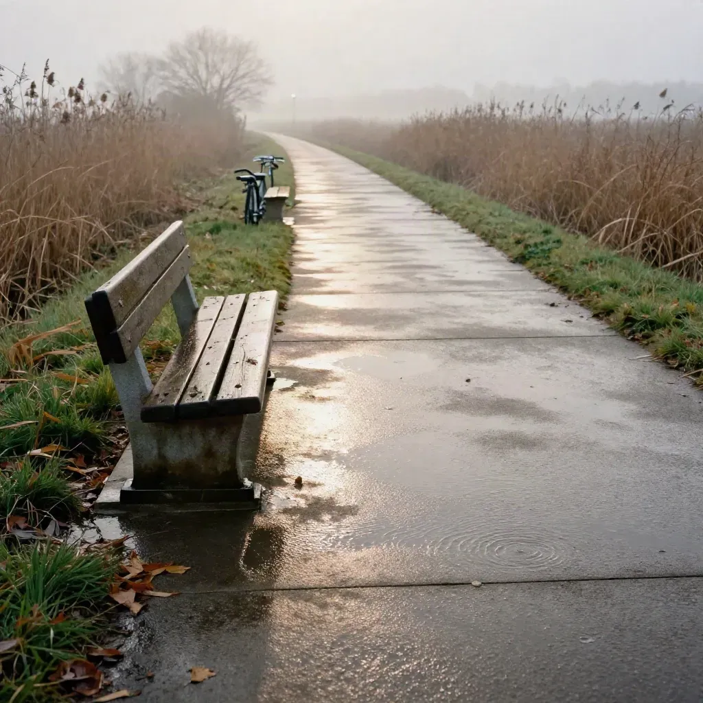 Nat pad op een dijk met bankje, bladeren en mist na de regen