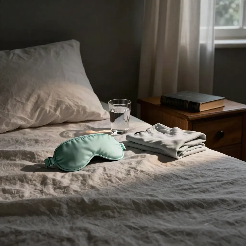 Bed met slaapmasker, waterglas, opgevouwen pyjama en boek naast het nachtkastje.