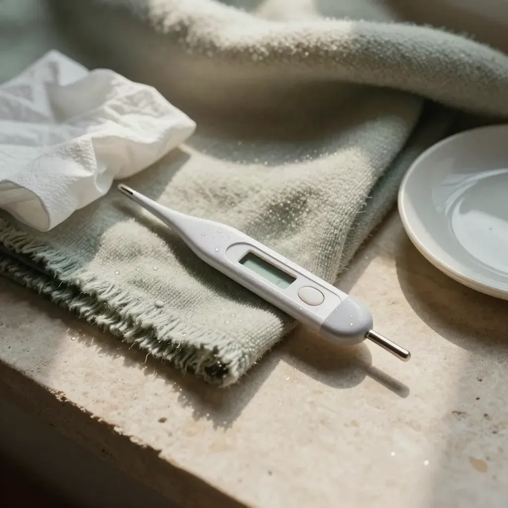 Digitale thermometer met sjaal, tissue en schaaltje op steen, met zachte damp