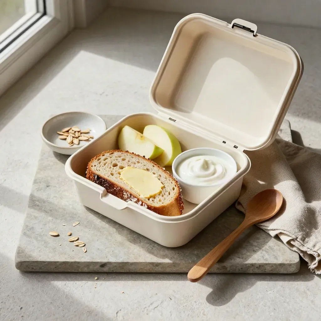 Open lunchbox met volkoren brood, appel, yoghurt en houten lepel op een stenen tray.