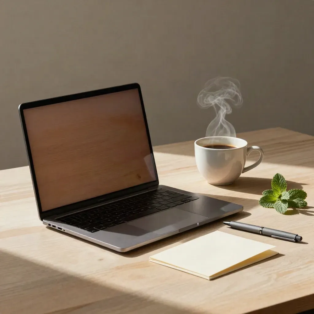 Gesloten laptop met koffiekop, pen, kaart en plant op licht hout