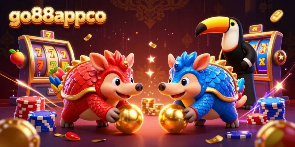 Engage in thrilling moments at go88appco with rival pangolins competing in a vibrant casino scene.