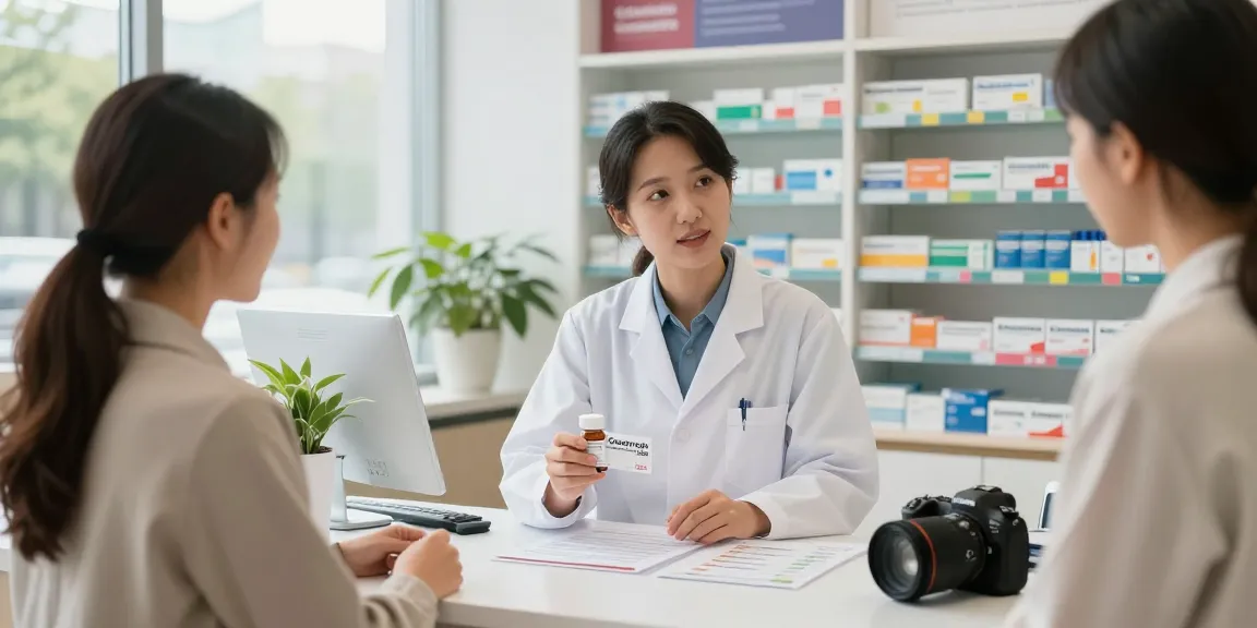 Consultation about genotropin growth hormone in a modern pharmacy setting.