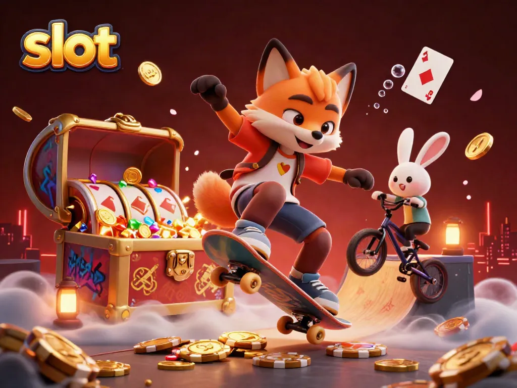 Experience thrilling slot action with a 3D rendering of cartoon characters amidst vibrant casino symbols and colorful treasures.