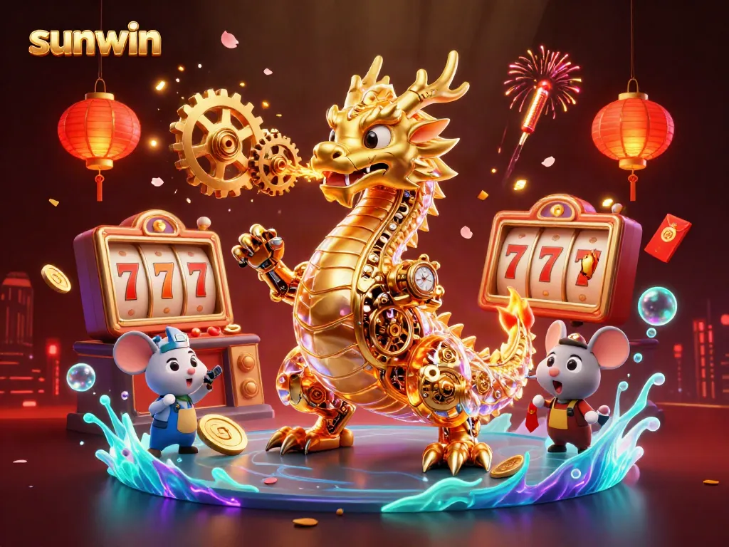 Spin the reels of sunwin's vibrant games surrounded by a dynamic 3D dragon and festive elements.