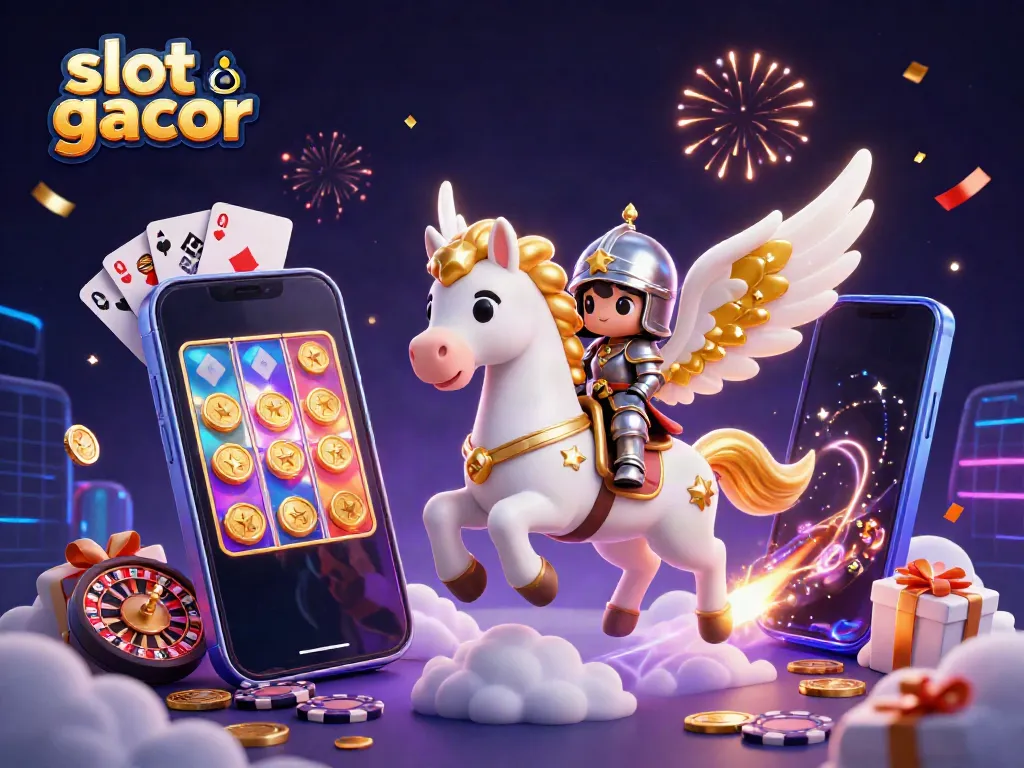 Experience the thrilling action of slot gacor with a vibrant 3D illustration featuring a celestial horse, knight, and slot game elements.