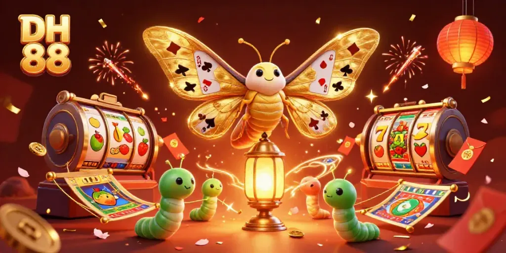 Engage with DH 88's vibrant casino world, featuring golden moths and dynamic slot reels.