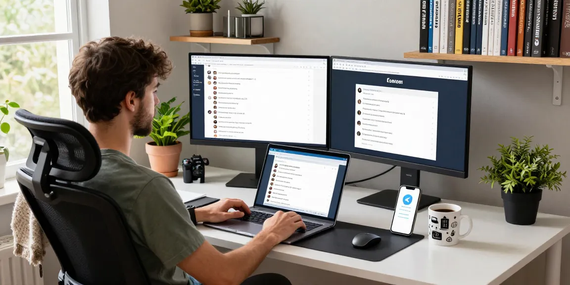 Using the Telegram Web Version on a laptop in a modern home office setup, highlighting productivity and technology.