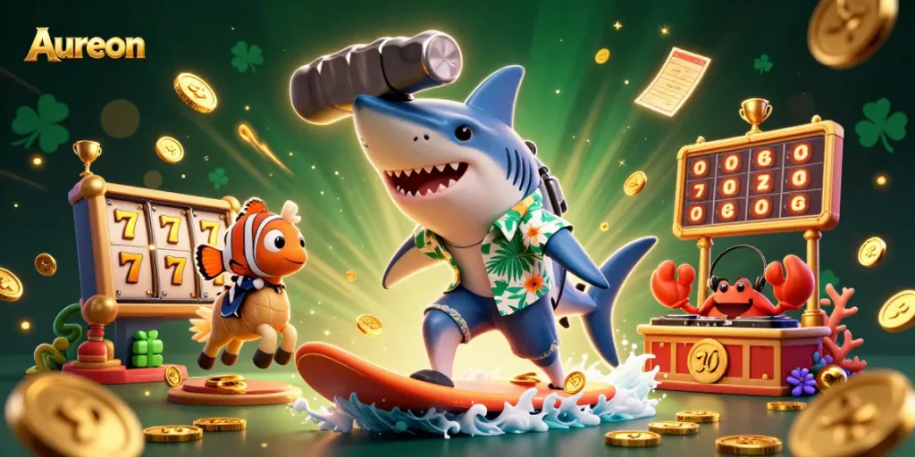 Aureon games come alive with a cartoon shark surfing gold coins, thrilling slot reels, and dynamic elements.