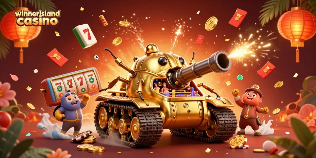 Experience the vibrant action of winnerislandcasino with a massive golden beetle tank revealing a miniature casino inside.