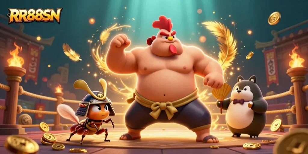 Experience thrilling action with RR88SN, where sumo wrestlers clash and coins swirl in a vibrant casino world.