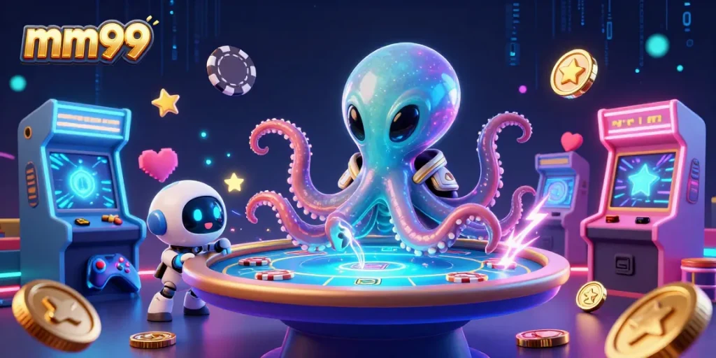 Engage in thrilling games at mm99 with an alien octopus and robot at a holographic table.