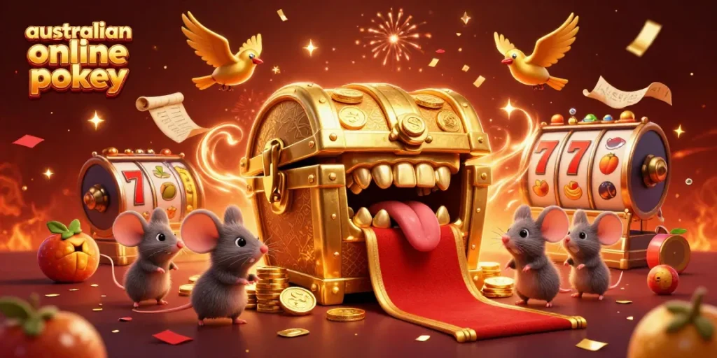 Spin the reels of australian online pokies with vibrant fruit symbols and a treasure chest lure.
