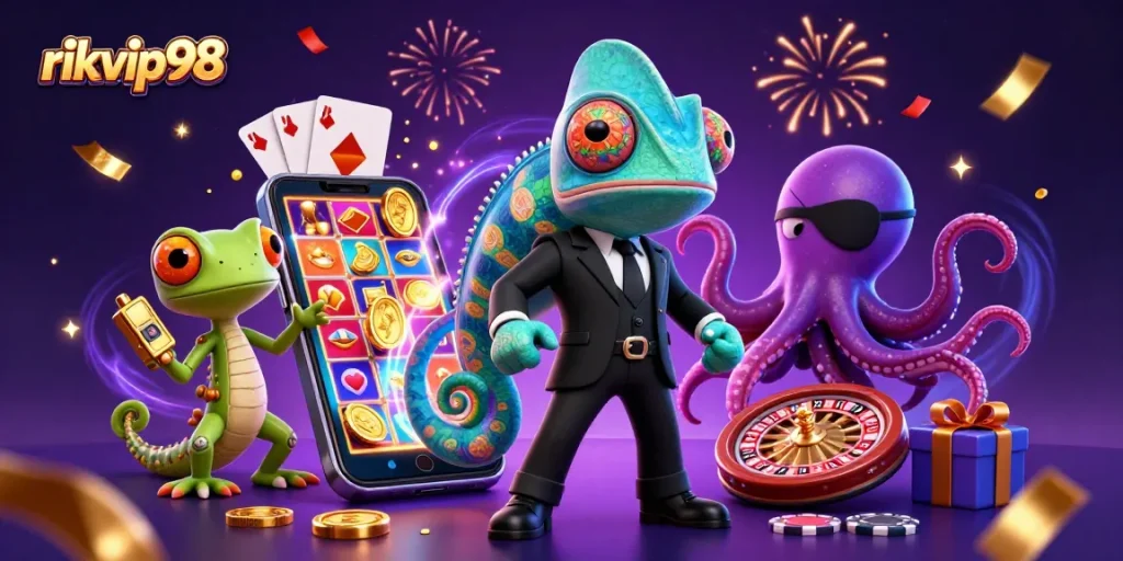 Engage in wins with rikvip98 as vibrant game elements and a dynamic chameleon character in action.